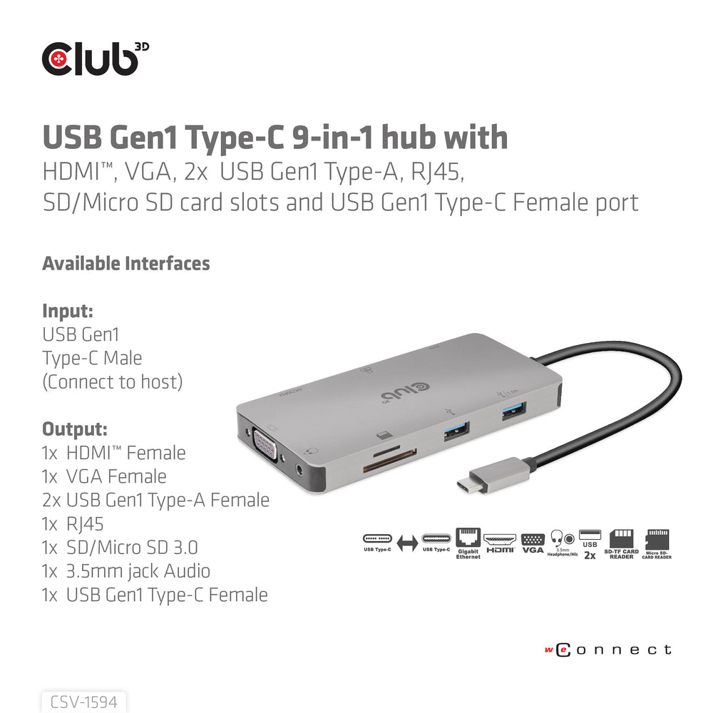CLUB3D CSV-1594 dockningsstationer för bärbara datorer USB 3.2 Gen 1 (3.1 Gen 1) Type-C Svart, Grå