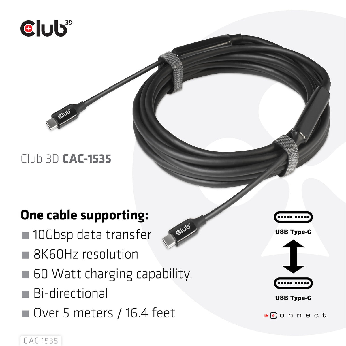 CLUB3D CAC-1535 USB-kablar USB 3.2 Gen 2 (3.1 Gen 2) 5 m USB C Svart
