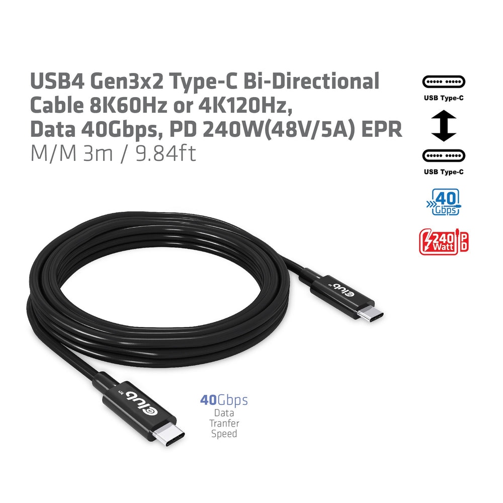 CLUB3D USB4 Gen3x2 Type-C Bi-Directional Cable 8K60Hz or 4K120Hz, Data 40Gbps, PD 240W(48V/5A) EPR M/M 3m / 9.84ft