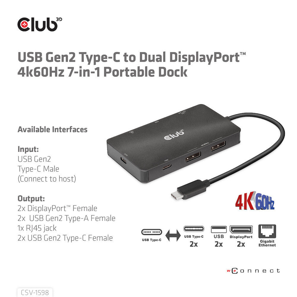 CLUB3D CSV-1598 dockningsstationer för bärbara datorer USB 3.2 Gen 2 (3.1 Gen 2) Type-C Svart