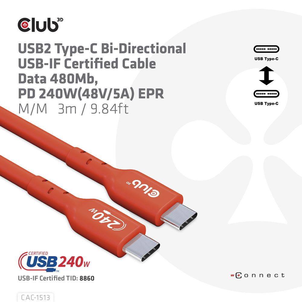 CLUB3D CAC-1513 USB-kablar 3 m USB 2.0 USB C Orange