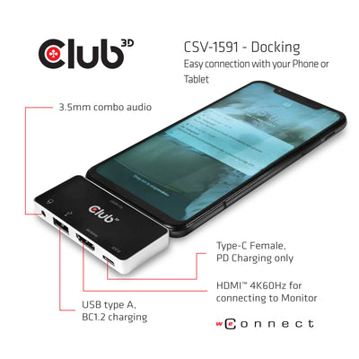 CLUB3D CSV-1591 dockningsstationer för bärbara datorer Dockning USB 3.2 Gen 1 (3.1 Gen 1) Type-C Svart, Krom