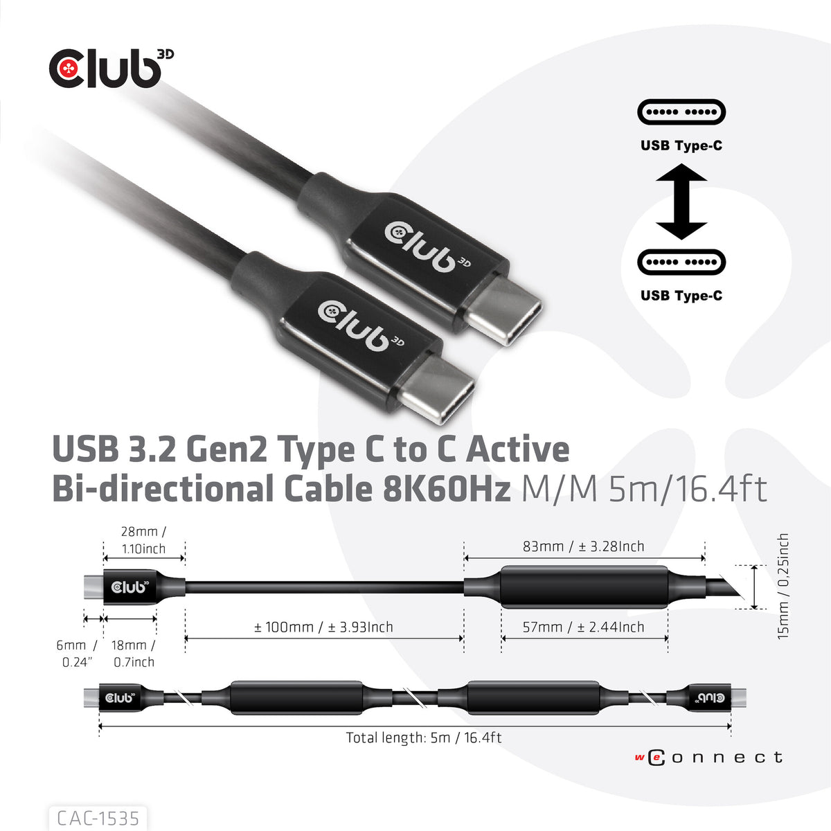 CLUB3D CAC-1535 USB-kablar USB 3.2 Gen 2 (3.1 Gen 2) 5 m USB C Svart