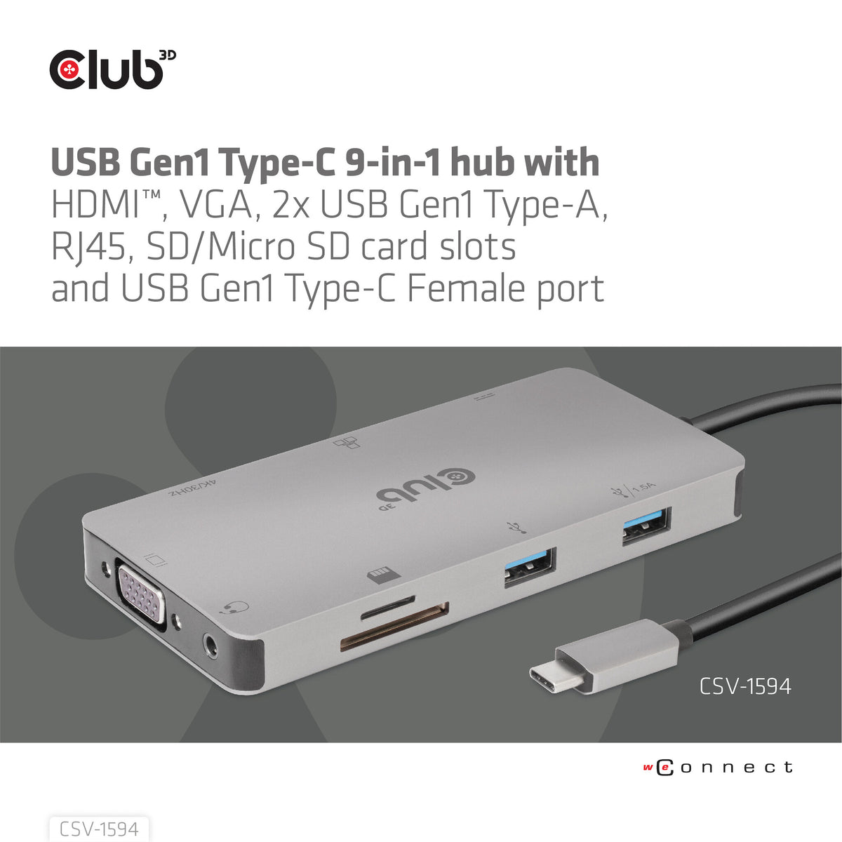 CLUB3D CSV-1594 dockningsstationer för bärbara datorer USB 3.2 Gen 1 (3.1 Gen 1) Type-C Svart, Grå