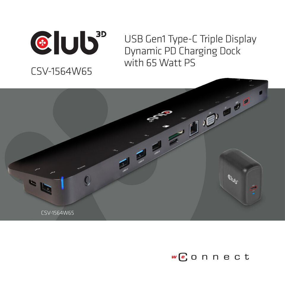 CLUB3D CSV-1564W65 dockningsstationer för bärbara datorer Dockning USB 3.2 Gen 1 (3.1 Gen 1) Type-C Svart