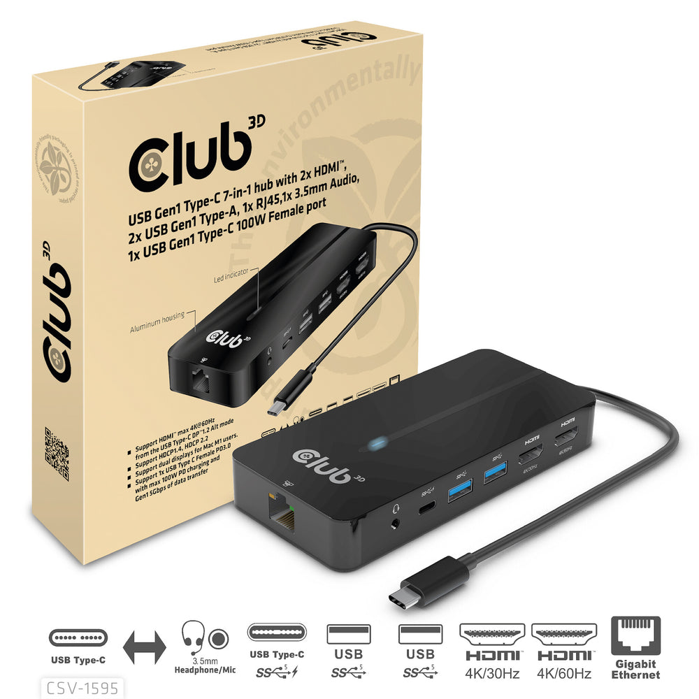 CLUB3D CSV-1595 dockningsstationer för bärbara datorer USB 3.2 Gen 1 (3.1 Gen 1) Type-C Svart