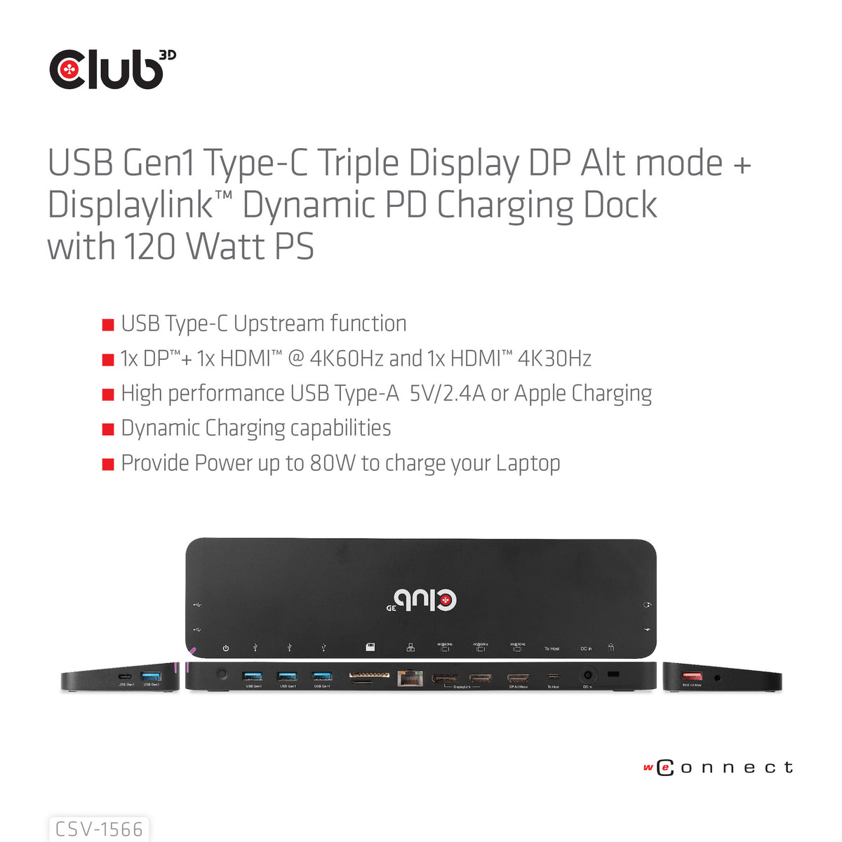 CLUB3D CSV-1566 dockningsstationer för bärbara datorer Dockning USB 3.2 Gen 1 (3.1 Gen 1) Type-C Svart
