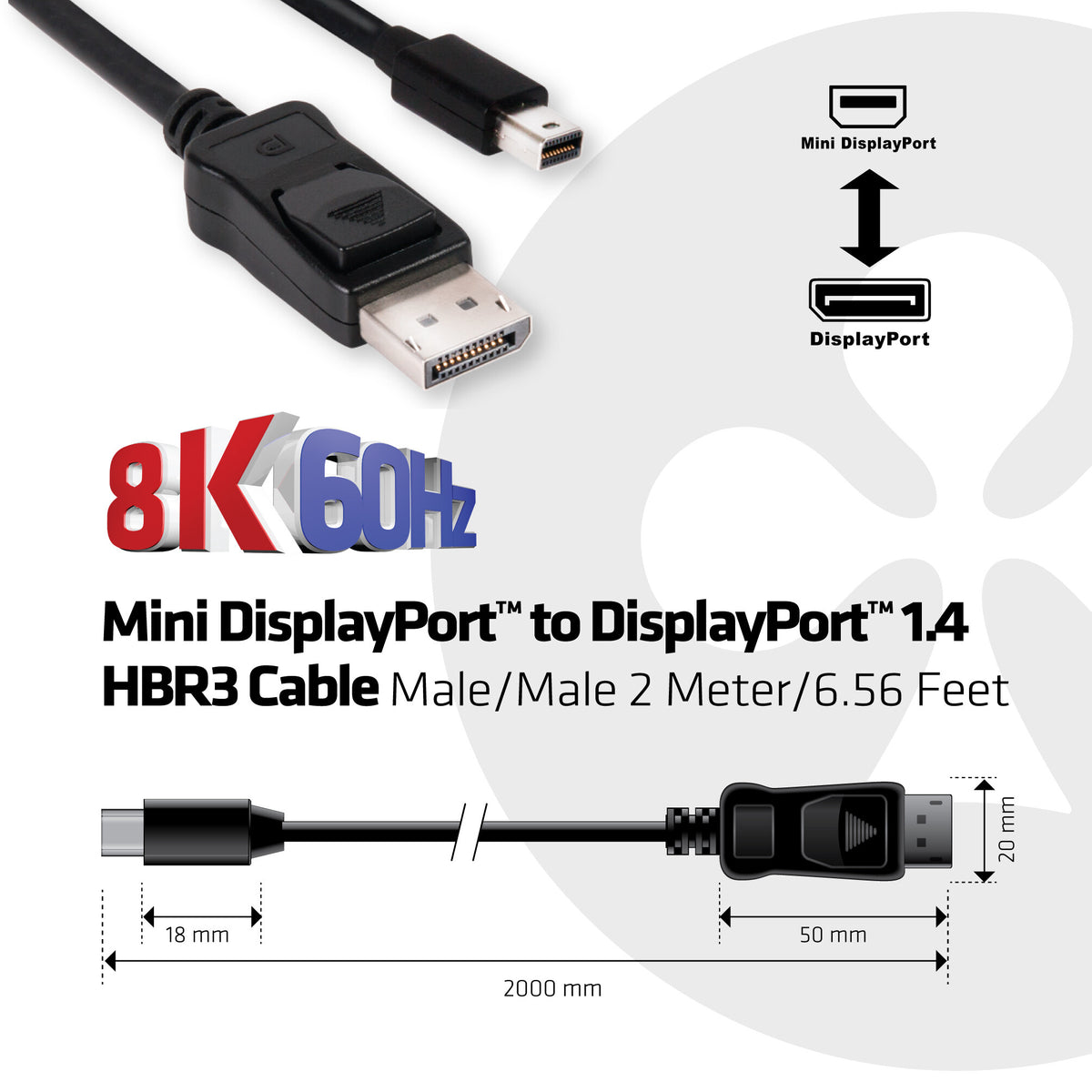 CLUB3D Mini DisplayPort to DisplayPort 1.4 HBR3 8K60Hz Cable, 2 Meter / 6.56 Feet