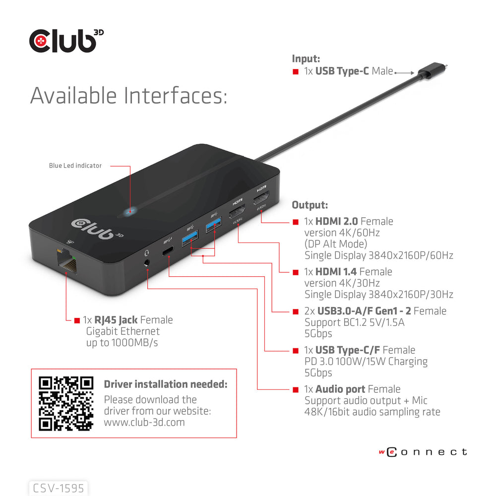 CLUB3D CSV-1595 dockningsstationer för bärbara datorer USB 3.2 Gen 1 (3.1 Gen 1) Type-C Svart