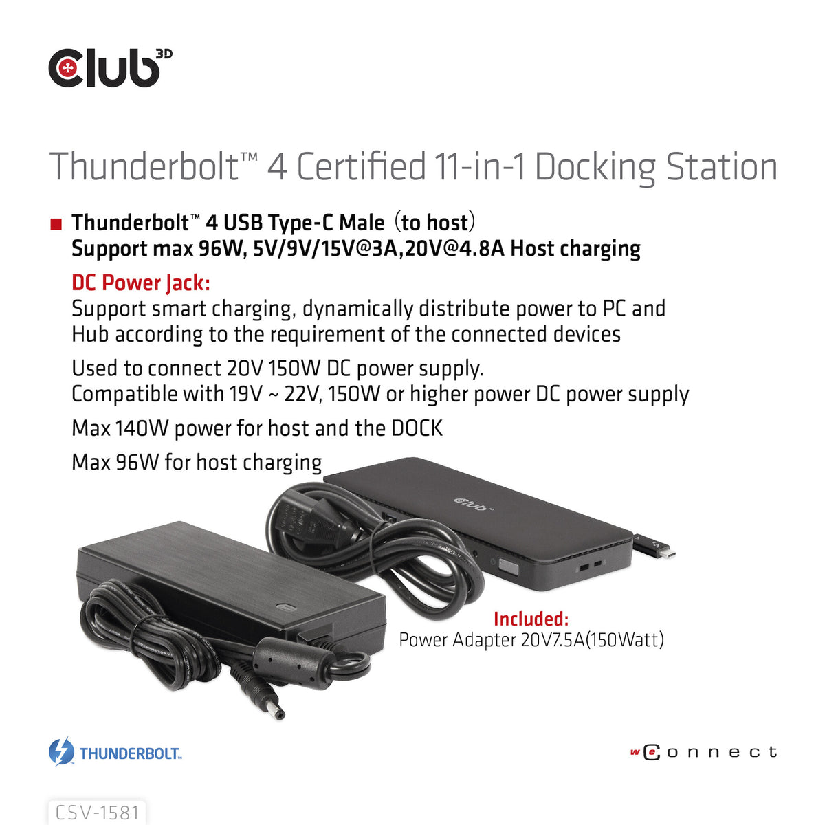 CLUB3D CSV-1581 dockningsstationer för bärbara datorer Dockning Thunderbolt 4 Svart