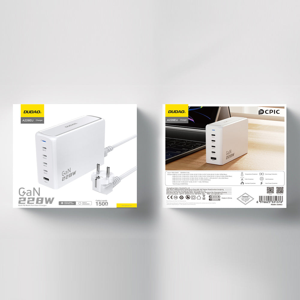 DUDAO A228EU 228Watt GaN 4xUSB-C+ 1xUSB-A Universal Vit AC Snabb laddning inomhus
