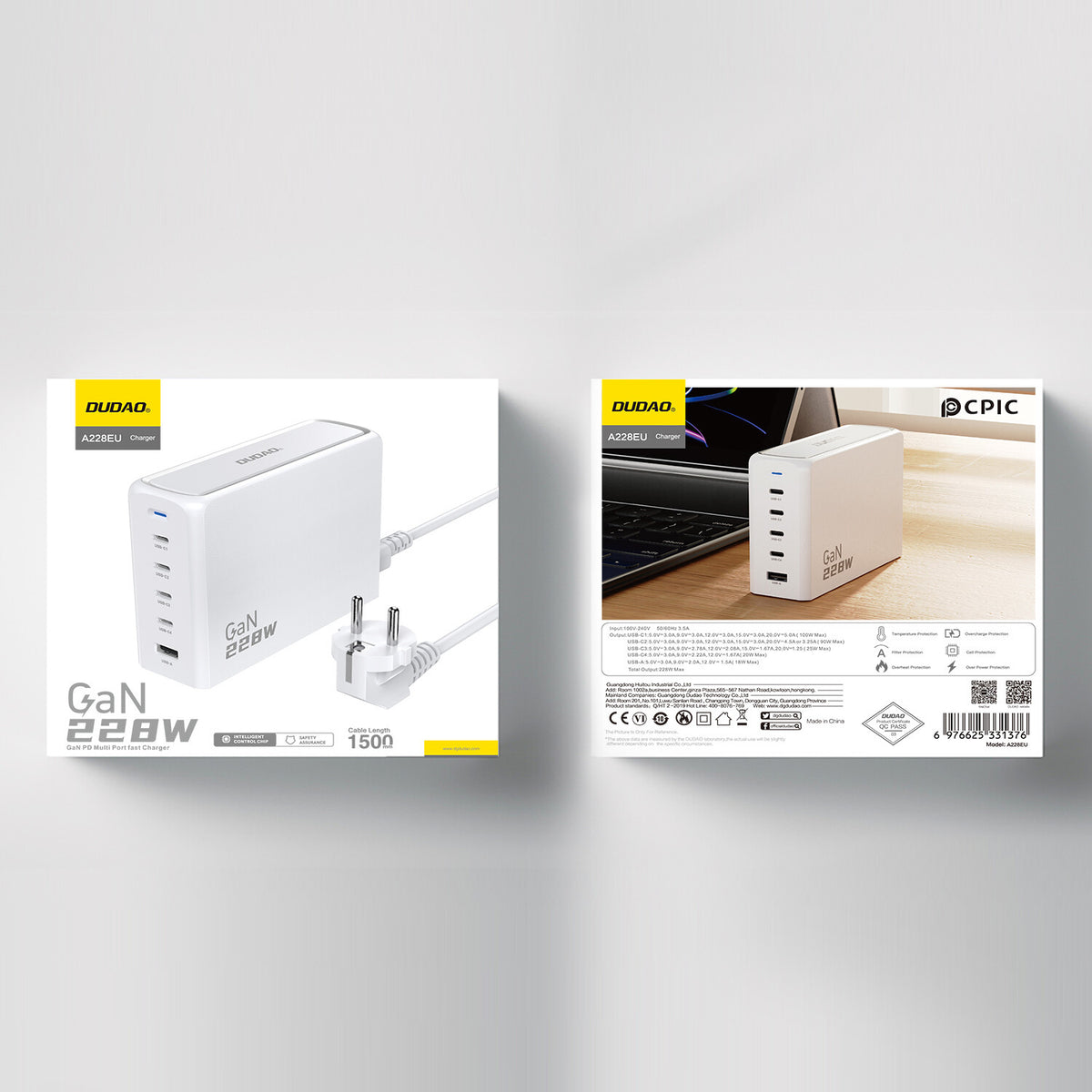 DUDAO A228EU 228Watt GaN 4xUSB-C+ 1xUSB-A Universal Vit AC Snabb laddning inomhus