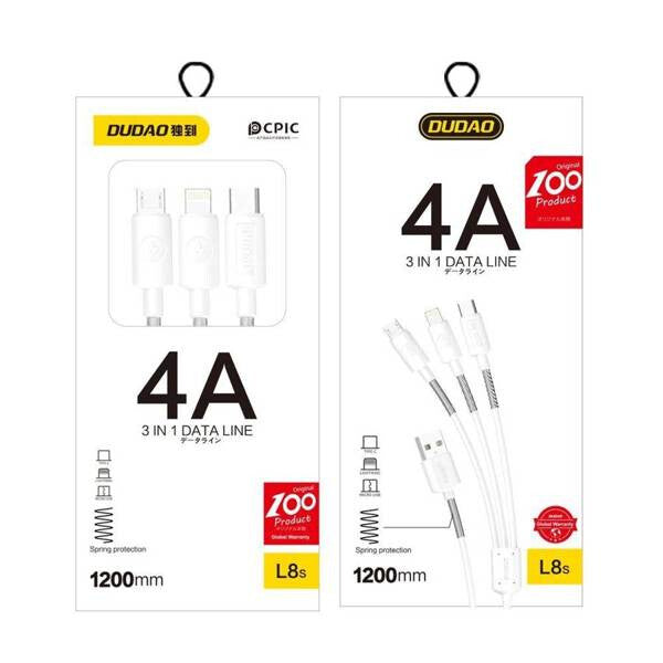 DUDAO L8s Upgrade 3in1 USB cable USB-kablar 1,2 m USB A USB C/Micro USB-A/Lightning Vit