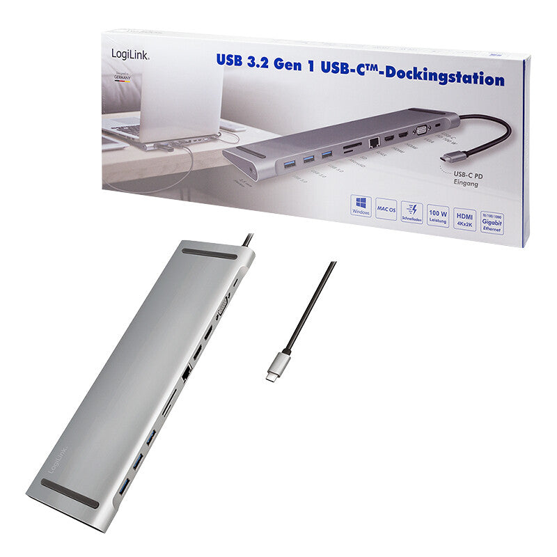 LogiLink UA0373 dockningsstationer för bärbara datorer Kabel USB 3.2 Gen 1 (3.1 Gen 1) Type-C Gjuten aluminium