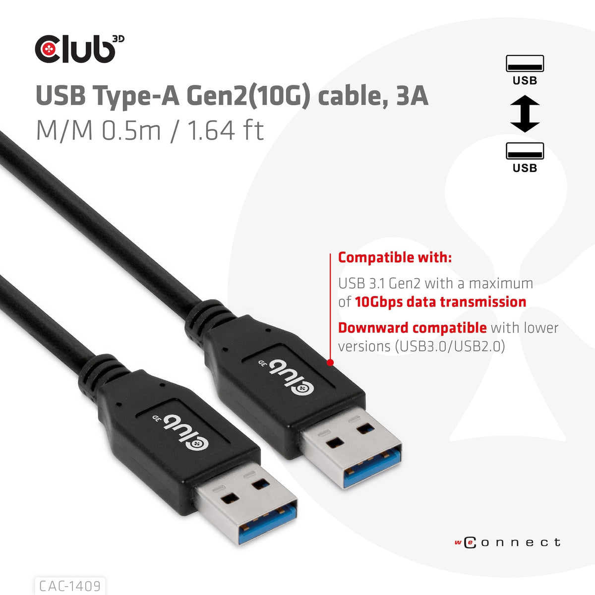 CLUB3D CAC-1409 USB-kablar USB 3.2 Gen 2 (3.1 Gen 2) 0,5 m USB A Svart
