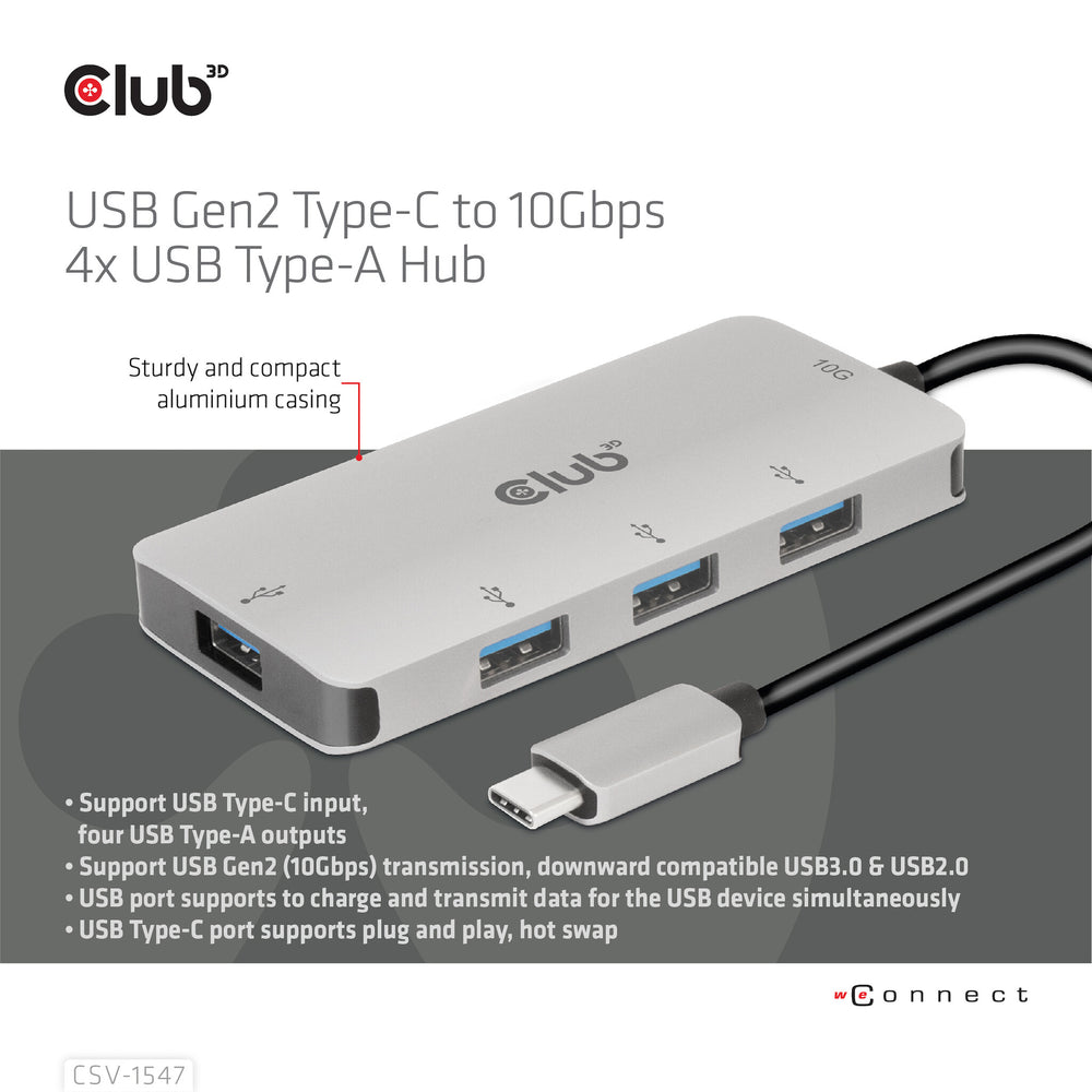 CLUB3D CSV-1547 gränssnittshubbar USB 3.2 Gen 2 (3.1 Gen 2) Type-C 10000 Mbit/s Svart, Silver