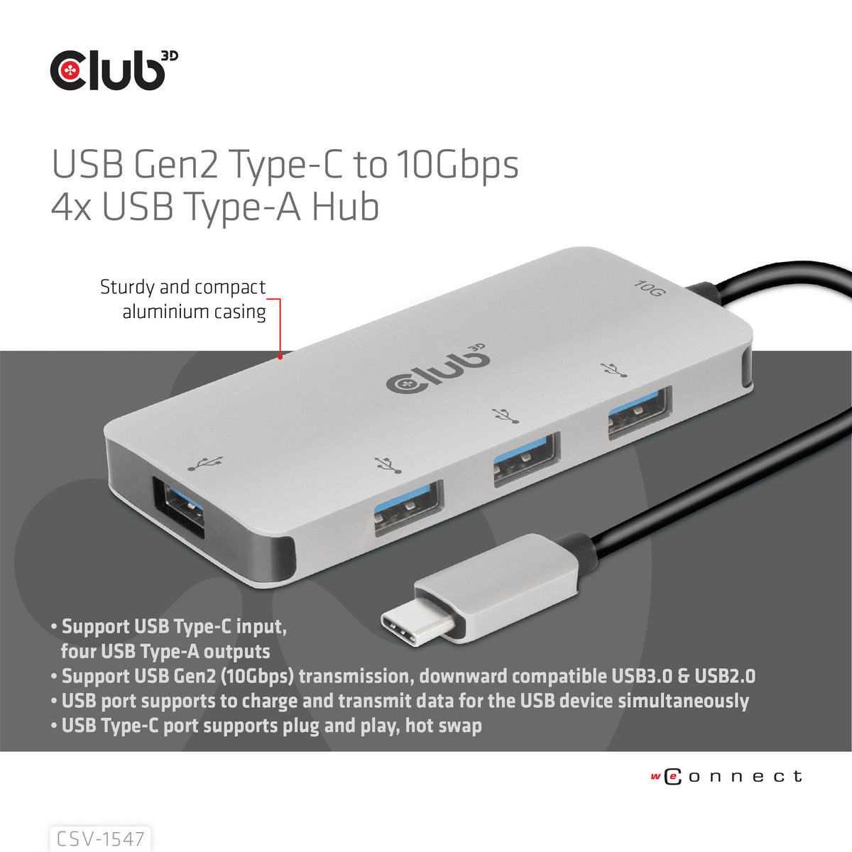 CLUB3D CSV-1547 gränssnittshubbar USB 3.2 Gen 2 (3.1 Gen 2) Type-C 10000 Mbit/s Svart, Silver