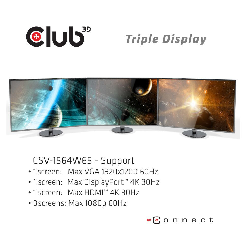 CLUB3D CSV-1564W65 dockningsstationer för bärbara datorer Dockning USB 3.2 Gen 1 (3.1 Gen 1) Type-C Svart