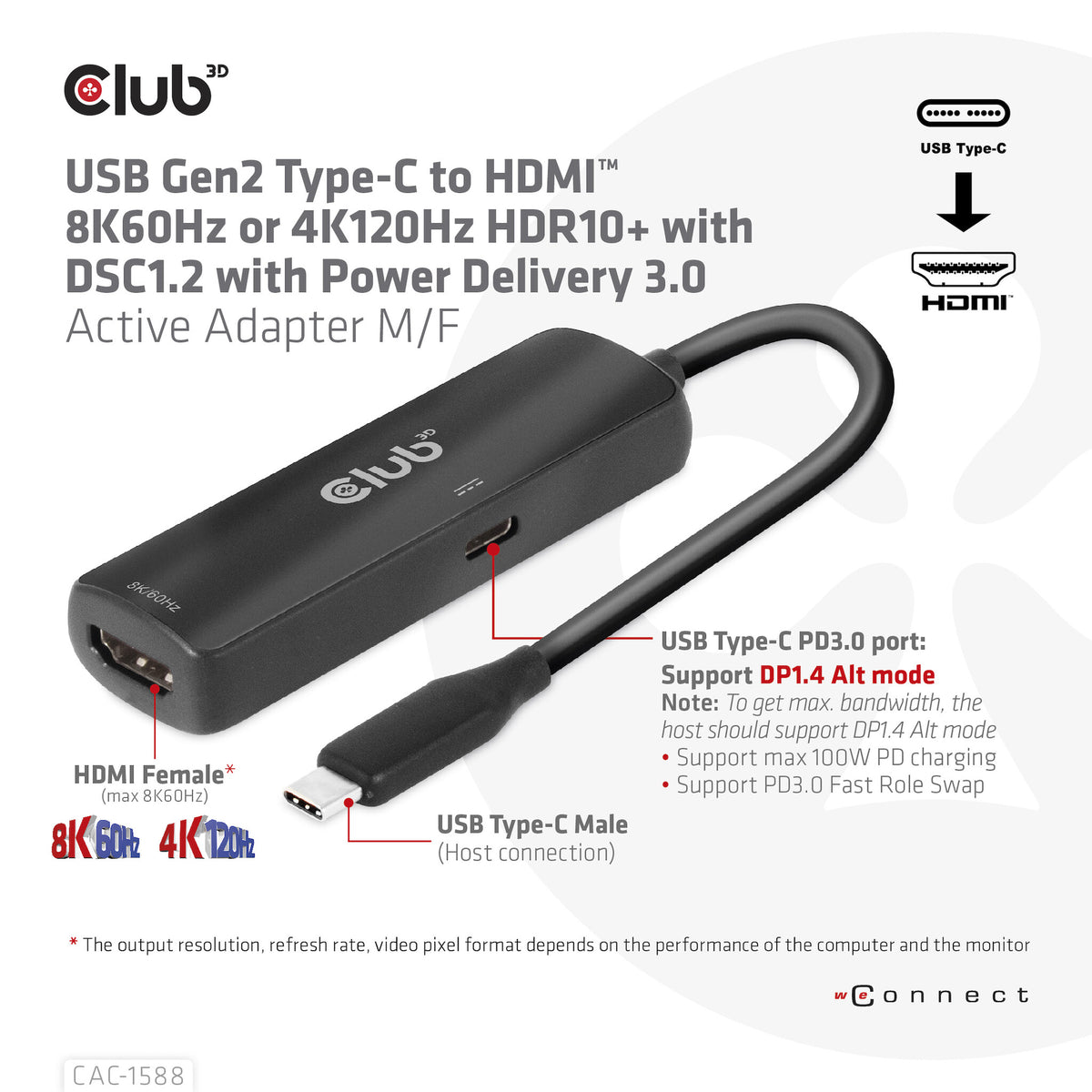 CLUB3D CAC-1588 videokabeladapter 0,17 m USB Type-C HDMI Svart