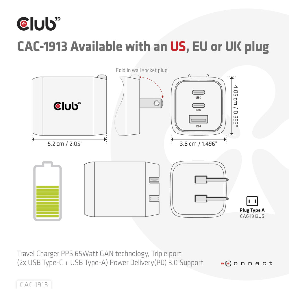 CLUB3D CAC-1913 mobilladdare Mobiltelefon, Bärbar dator, Smartphone, Universal Svart AC Snabb laddning inomhus