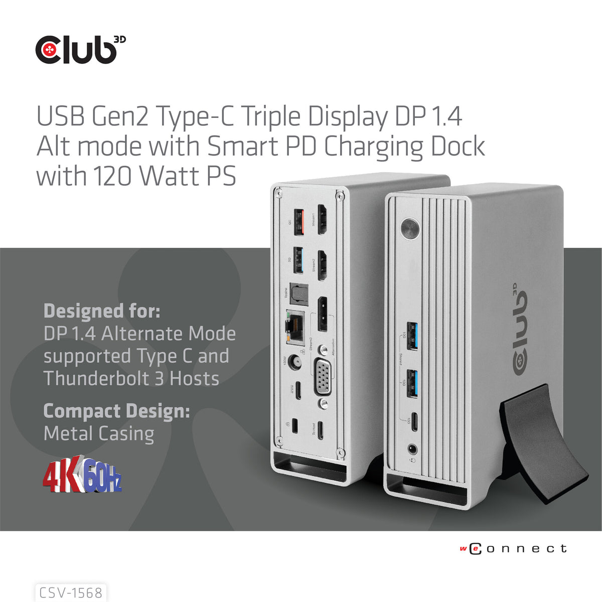 CLUB3D CSV-1568 dockningsstationer för bärbara datorer Dockning USB 3.2 Gen 2 (3.1 Gen 2) Type-C Metallisk