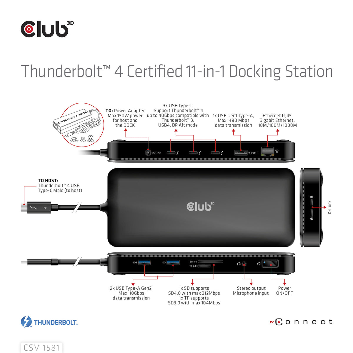 CLUB3D CSV-1581 dockningsstationer för bärbara datorer Dockning Thunderbolt 4 Svart