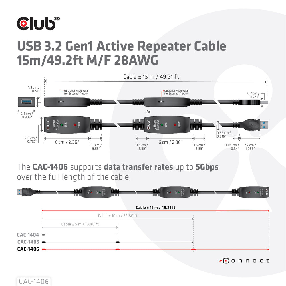CLUB3D CAC-1406 USB-kablar 15 m USB 3.2 Gen 1 (3.1 Gen 1) USB A Svart