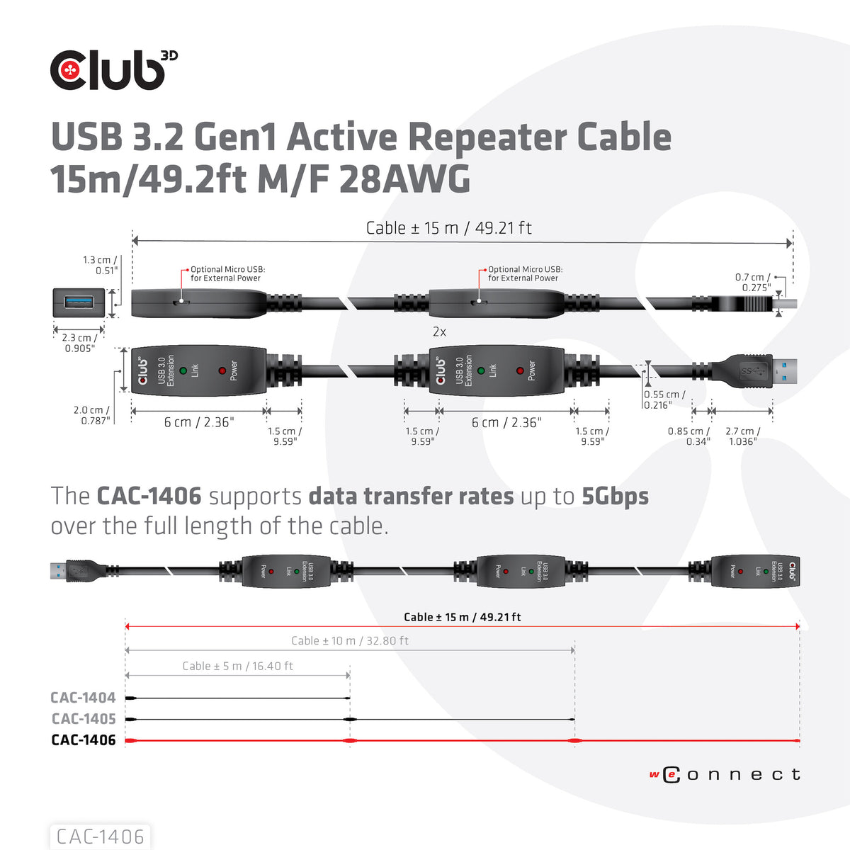 CLUB3D CAC-1406 USB-kablar 15 m USB 3.2 Gen 1 (3.1 Gen 1) USB A Svart