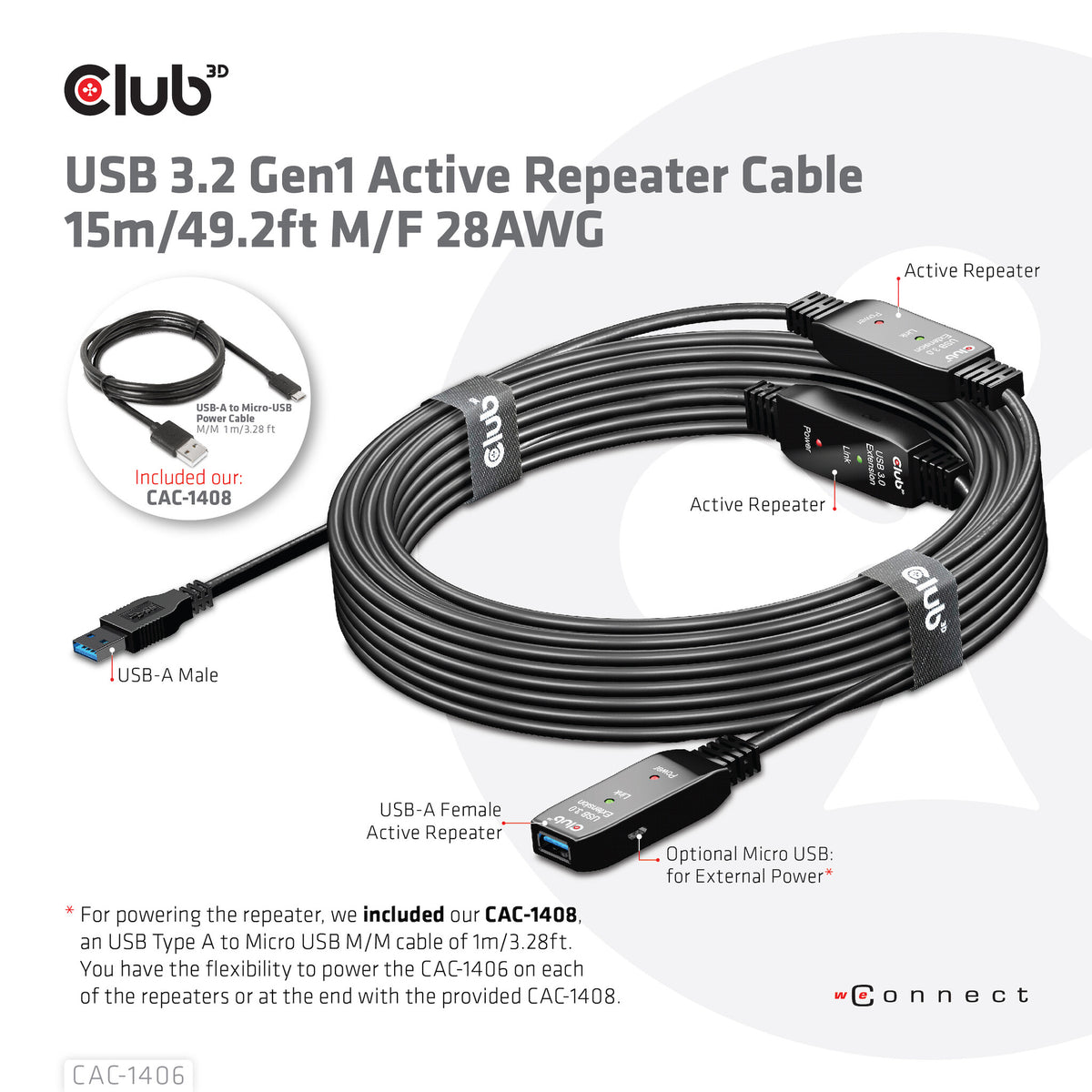 CLUB3D CAC-1406 USB-kablar 15 m USB 3.2 Gen 1 (3.1 Gen 1) USB A Svart
