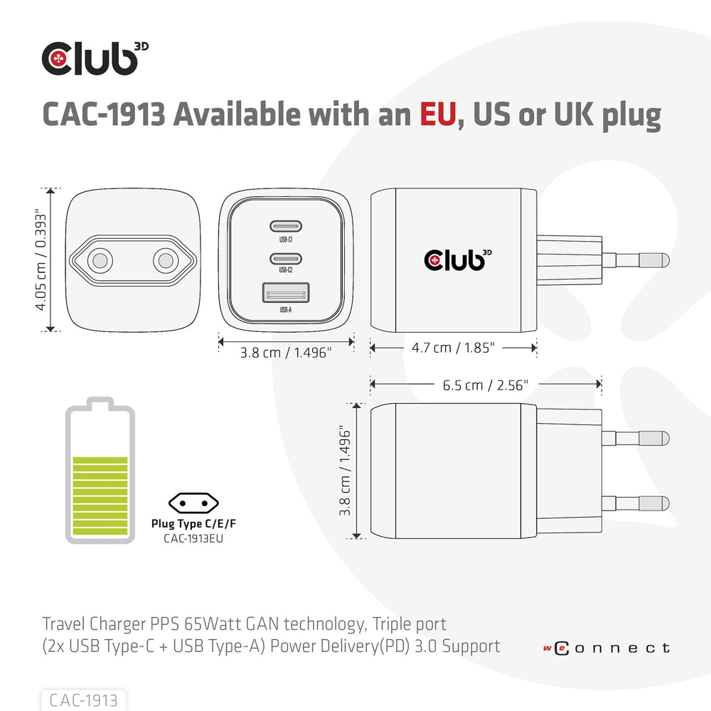 CLUB3D CAC-1913 mobilladdare Mobiltelefon, Bärbar dator, Smartphone, Universal Svart AC Snabb laddning inomhus